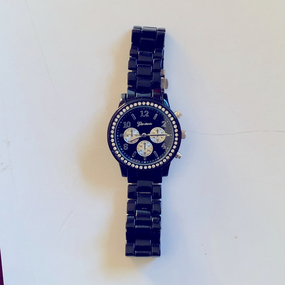 Black metal band watch with rhinestones